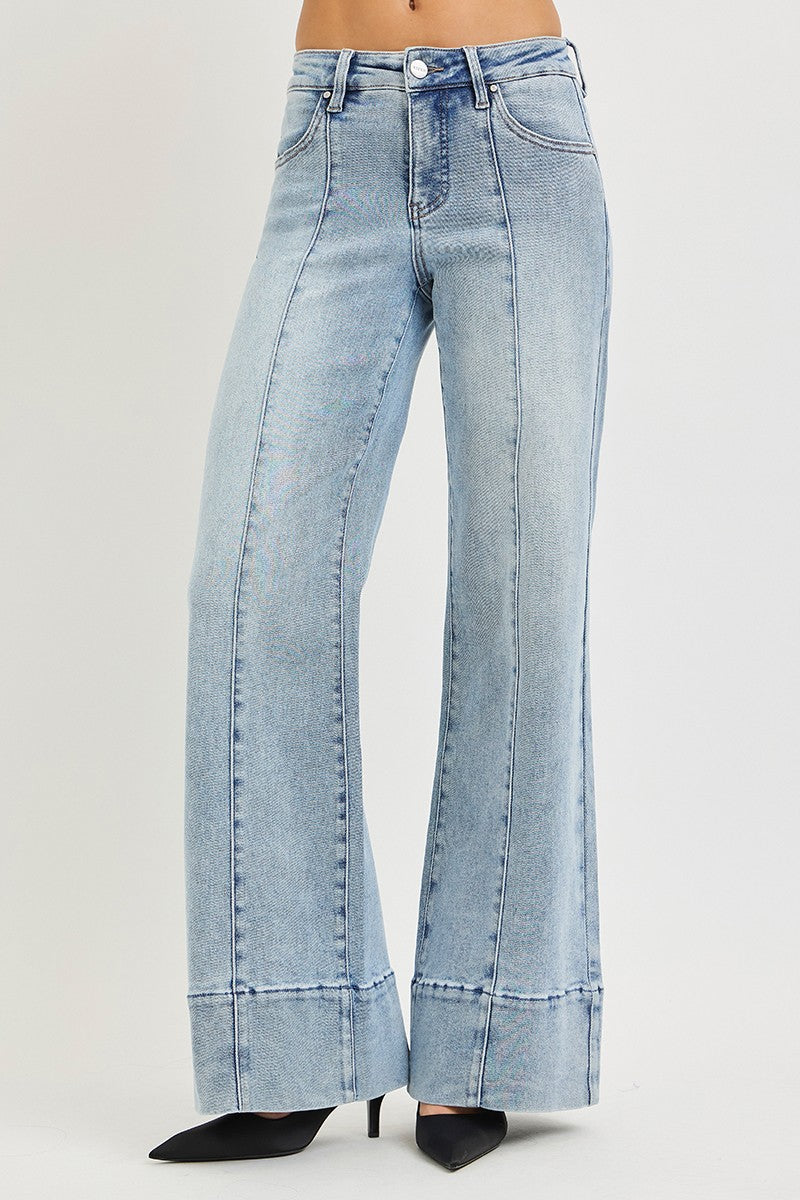 Tummy Control Mid Rise Ankle Wide Flare Jeans