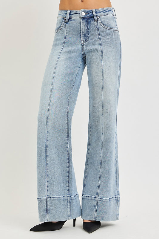 Tummy Control Mid Rise Ankle Wide Flare Jeans