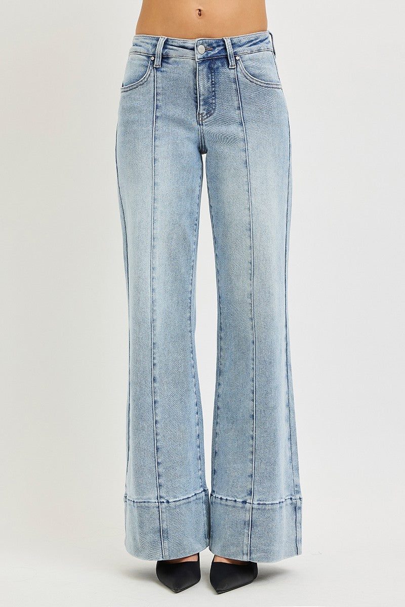 Tummy Control Mid Rise Ankle Wide Flare Jeans