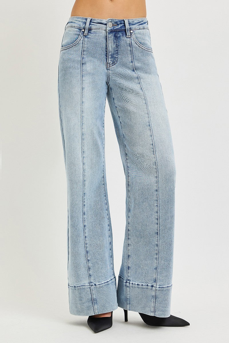 Tummy Control Mid Rise Ankle Wide Flare Jeans