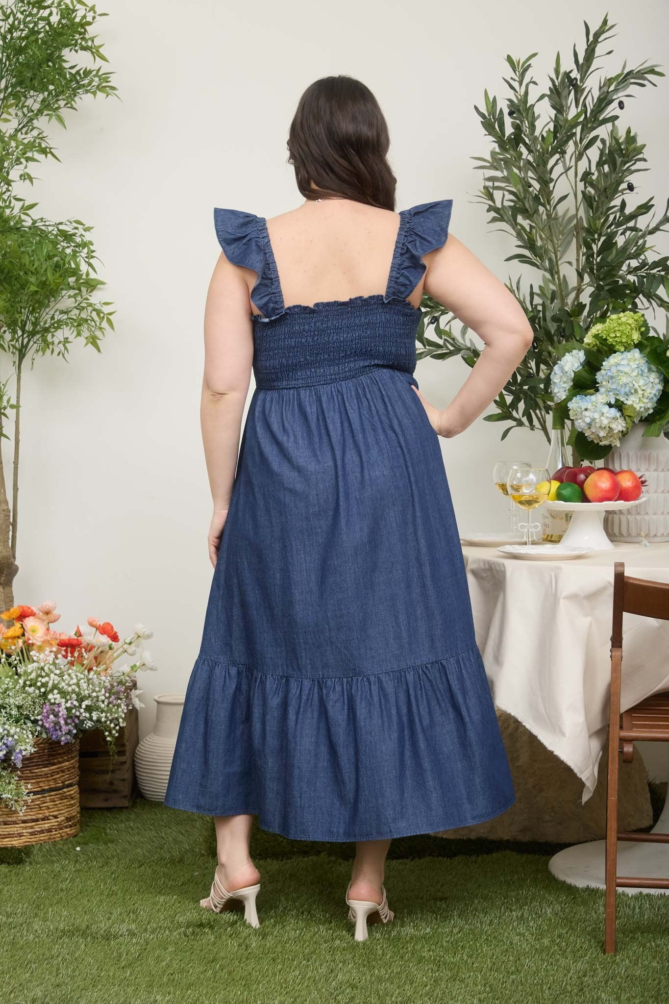 Dark Denim Ruffle Strap Smocked Midi Dress