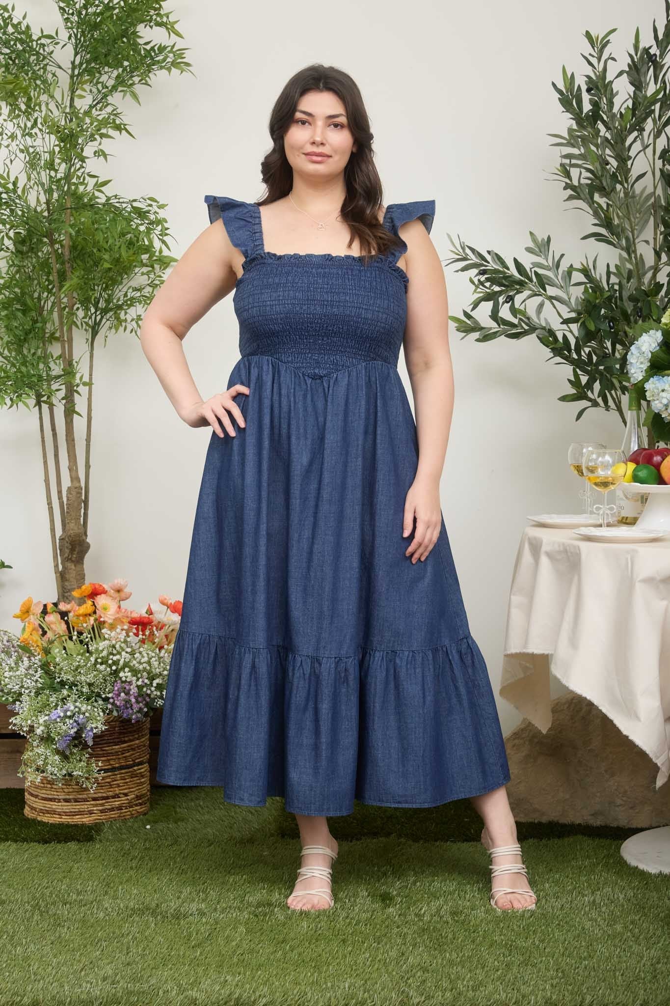 Dark Denim Ruffle Strap Smocked Midi Dress