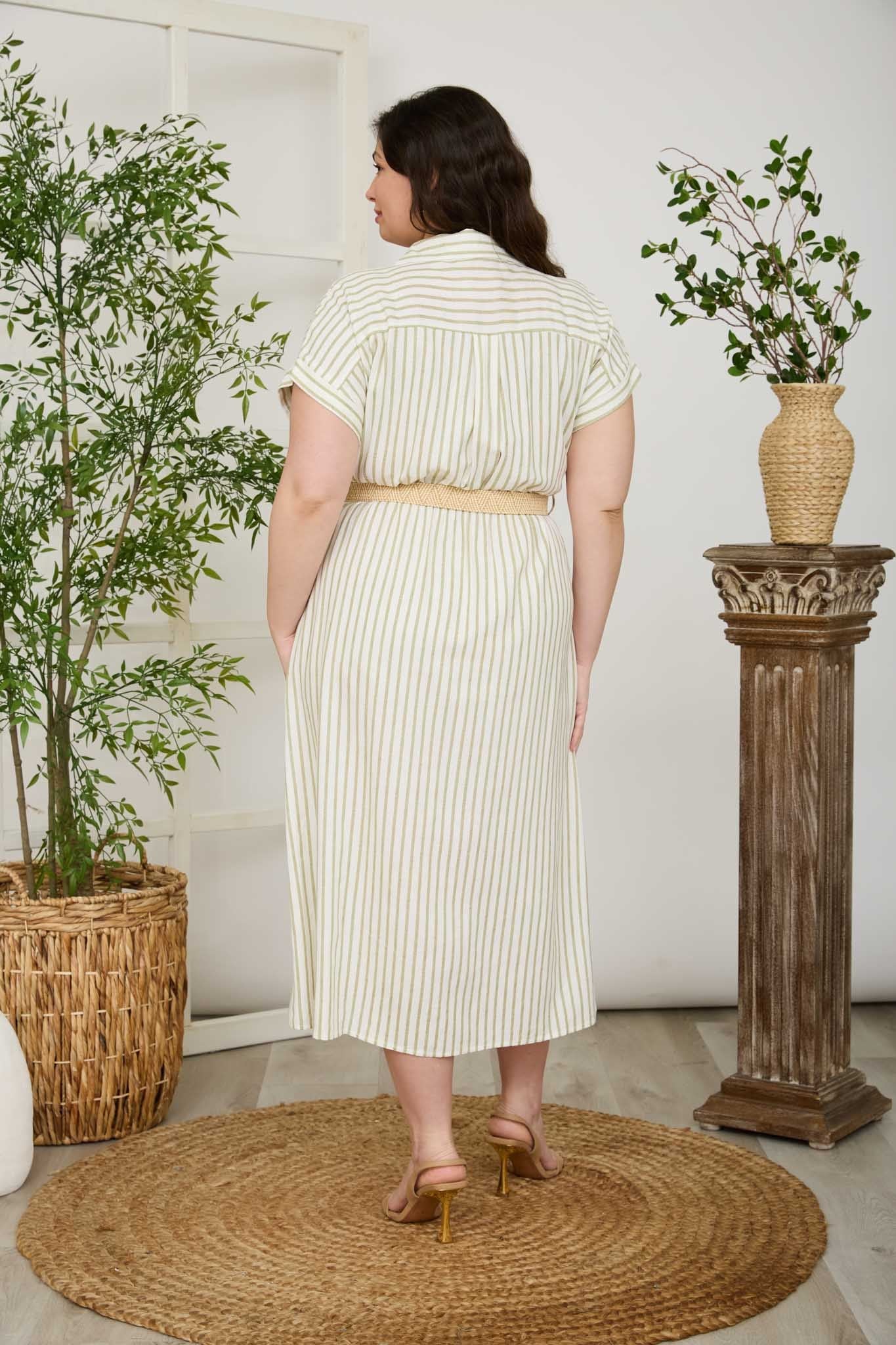 Stripe Short Sleeve Belted Shirt Dress-PLUS
