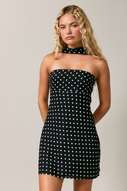 Polka Dot Mini Dress With Attached Scarf