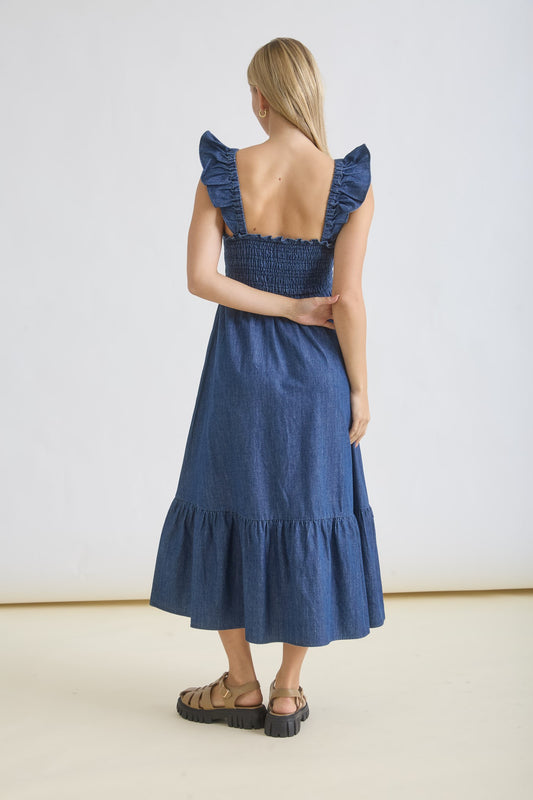 Dark Denim Ruffle Strap Smocked Midi Dress