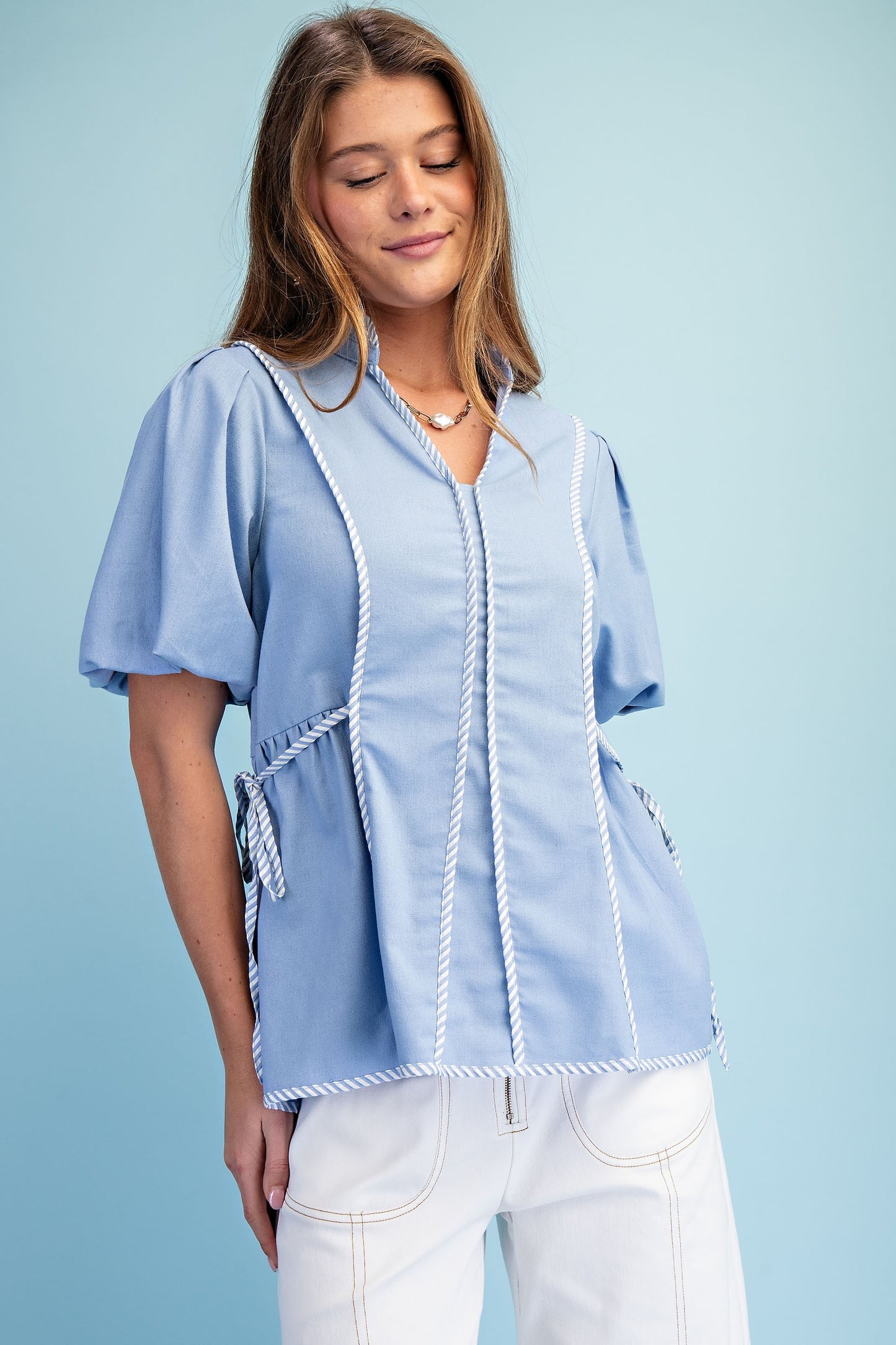 Linen Blouse With Striped Binding Details