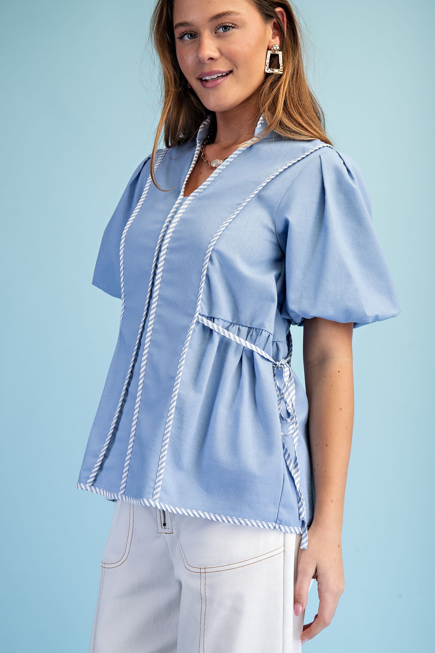 Linen Blouse With Striped Binding Details