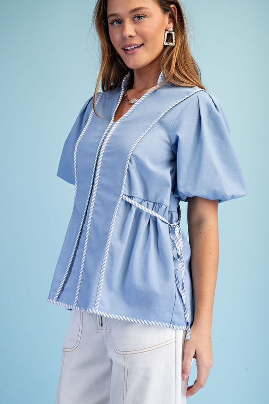 Linen Blouse With Striped Binding Details