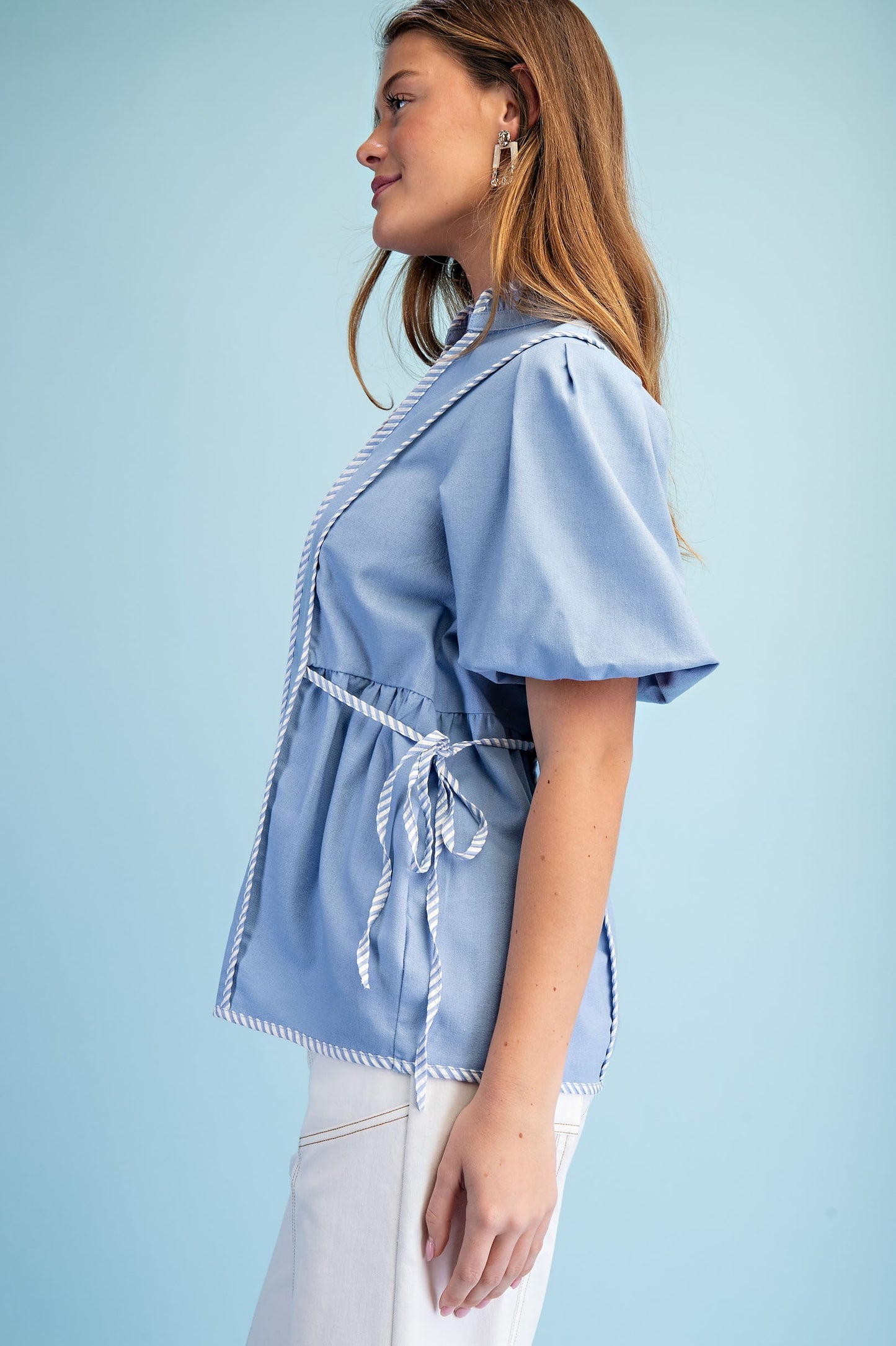 Linen Blouse With Striped Binding Details
