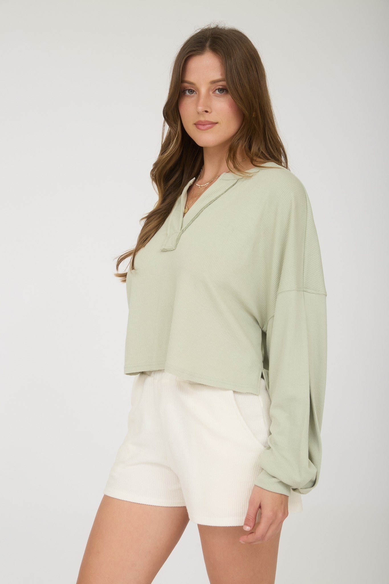 Split Neck Long Sleeve Cropped Knit Top
