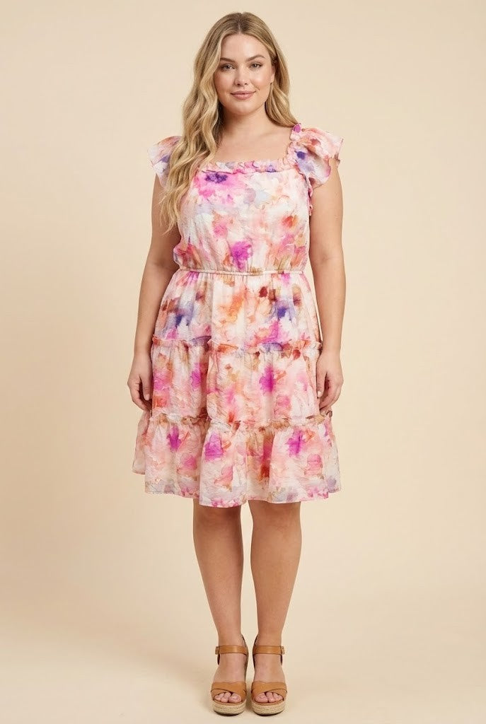 Abstract Floral Ruffled Square Neck Dress