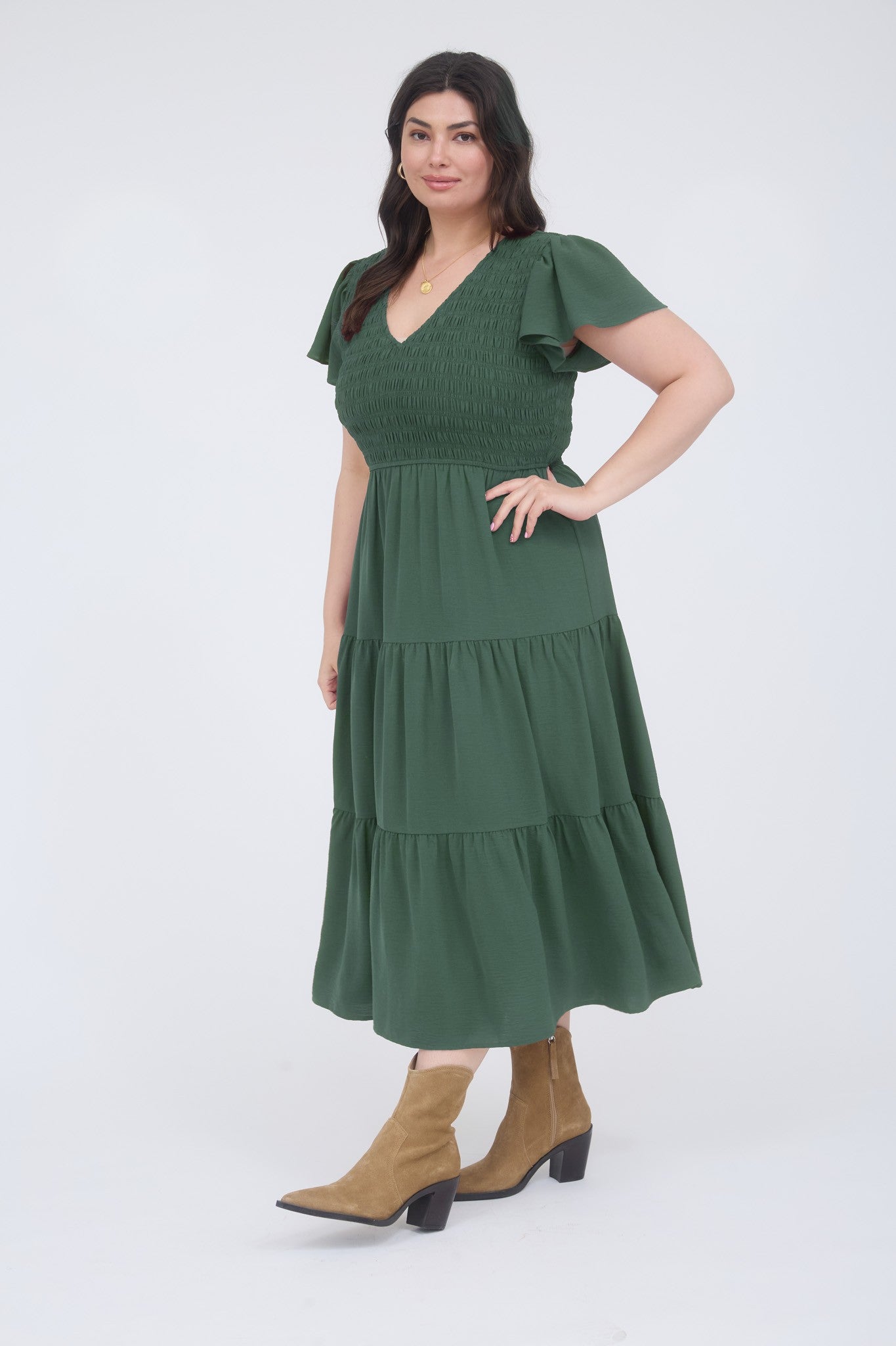 Flutter Sleeve Midi Dress-PLUS