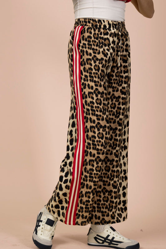 Side Stripe Leopard Wide Leg Pants