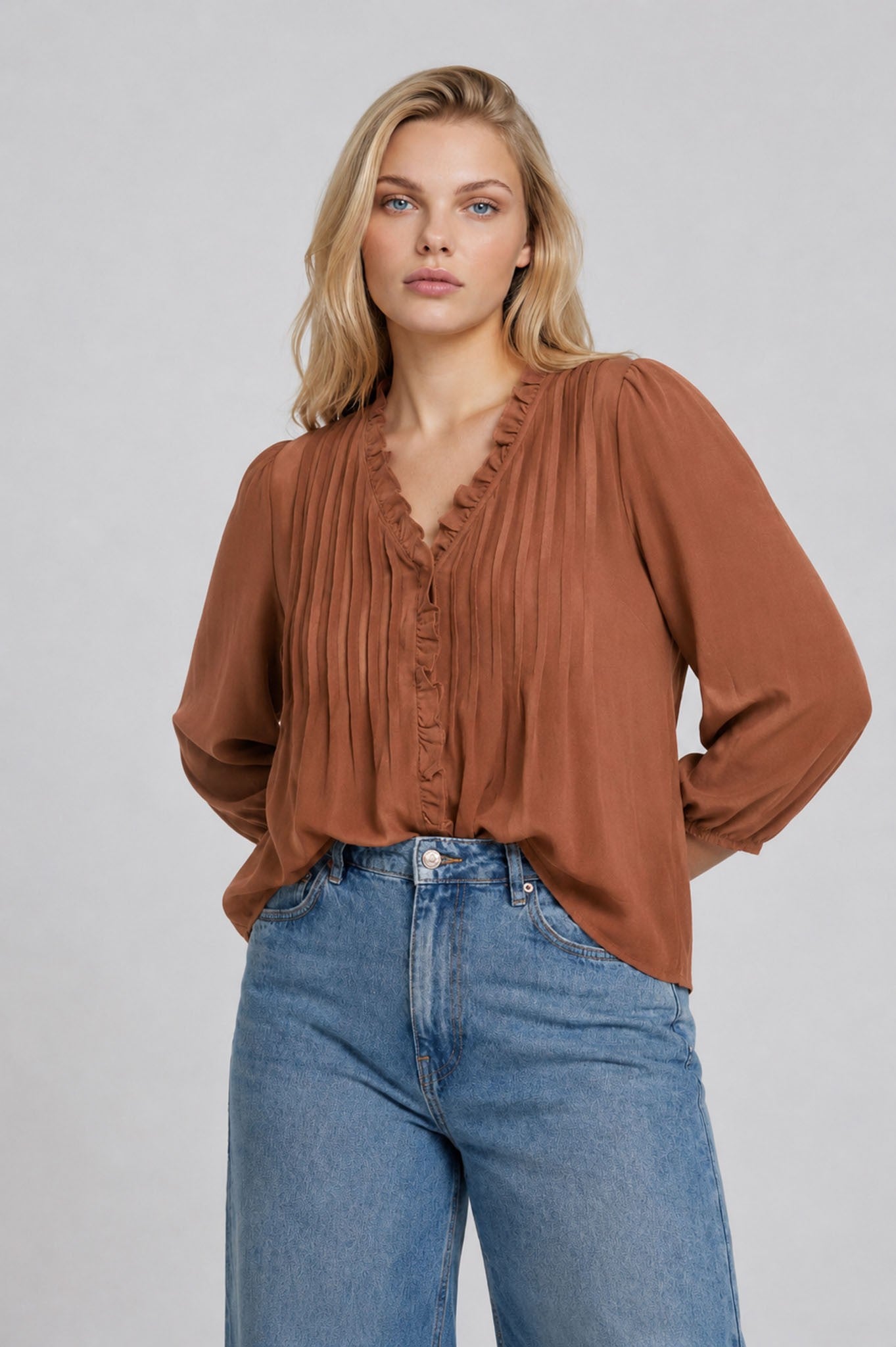 3/4 Sleeve Ruffle Blouse-PLUS