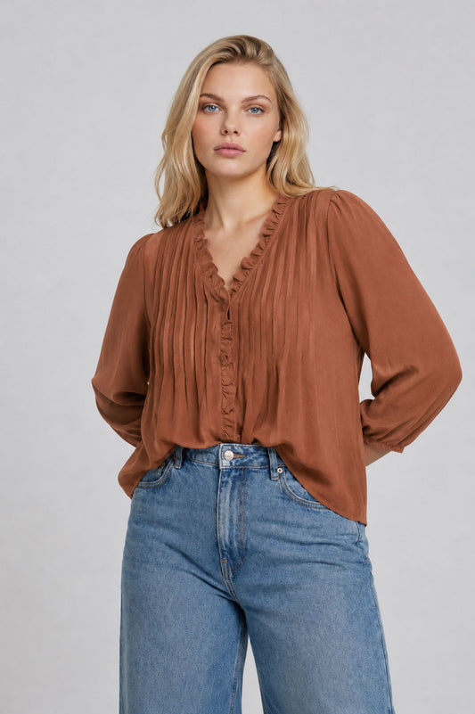 3/4 Sleeve Ruffle Blouse-PLUS