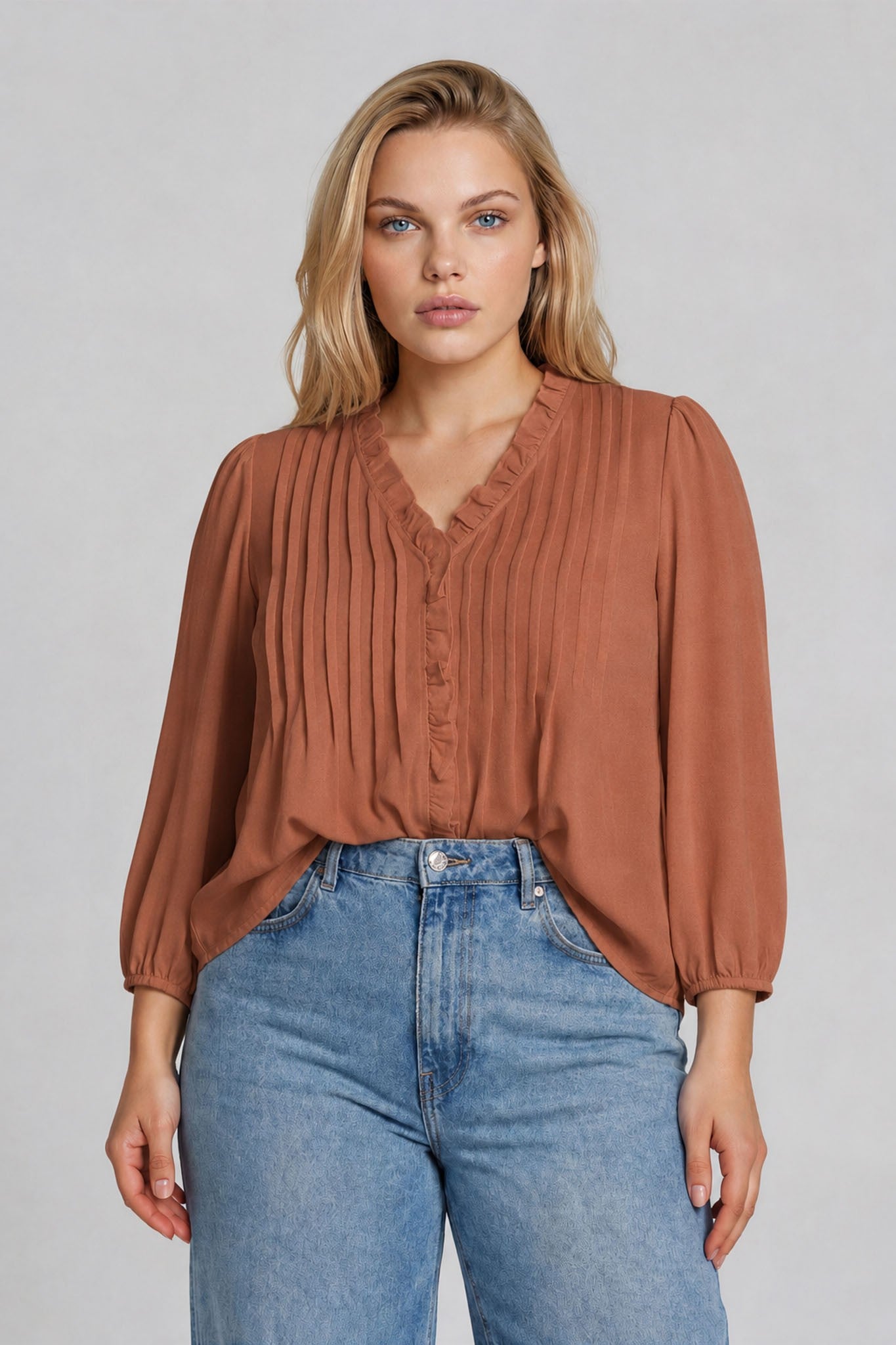 3/4 Sleeve Ruffle Blouse-PLUS