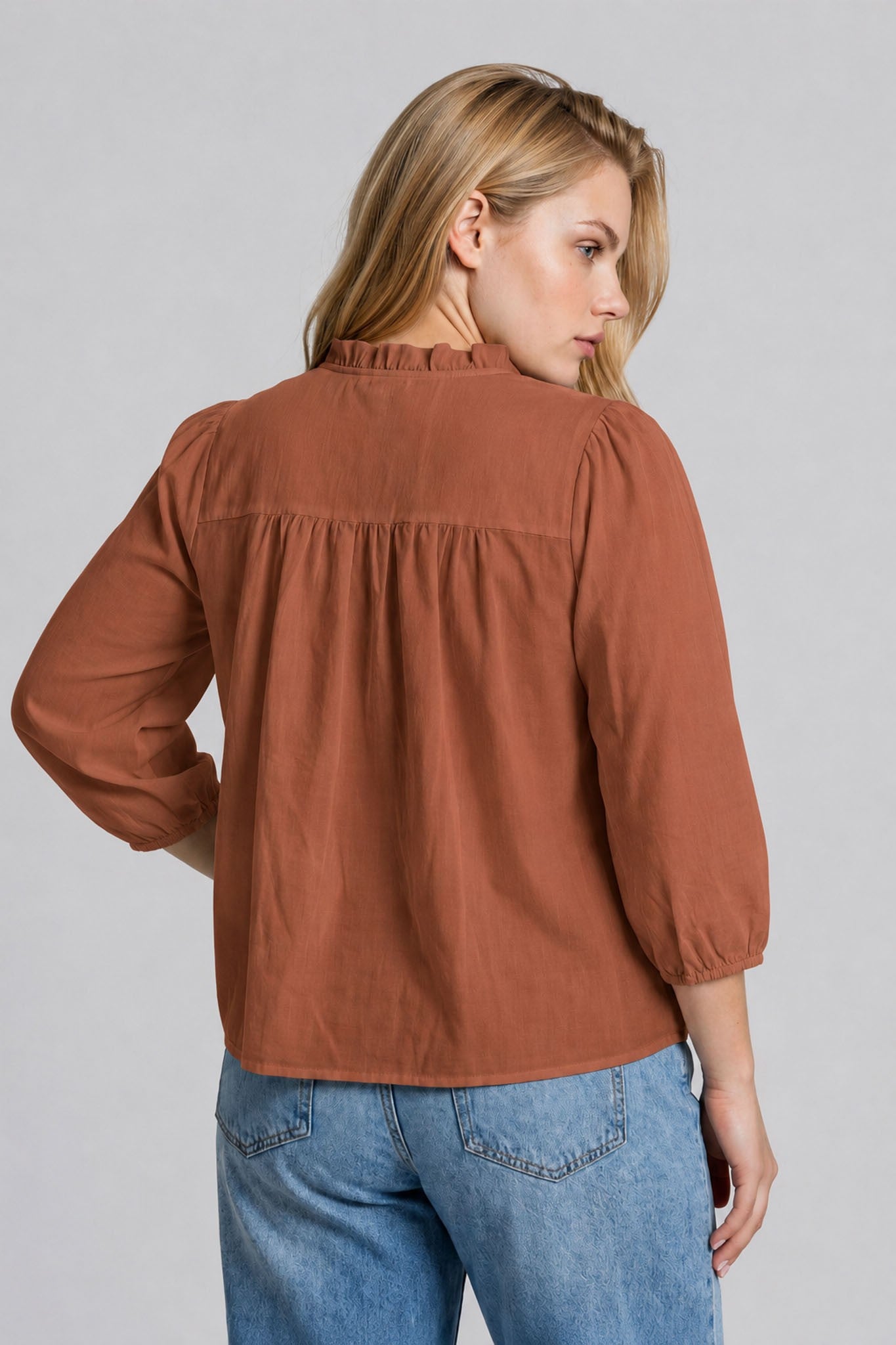 3/4 Sleeve Ruffle Blouse-PLUS