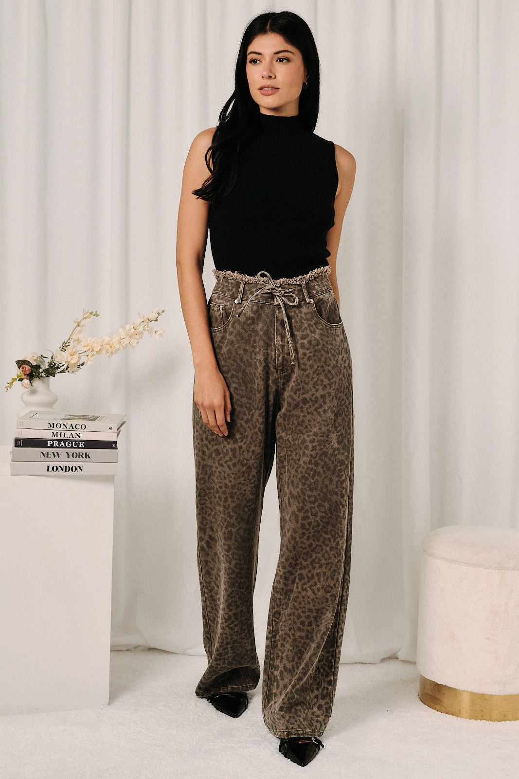 Leopard Raw Edge Wide Leg Jeans