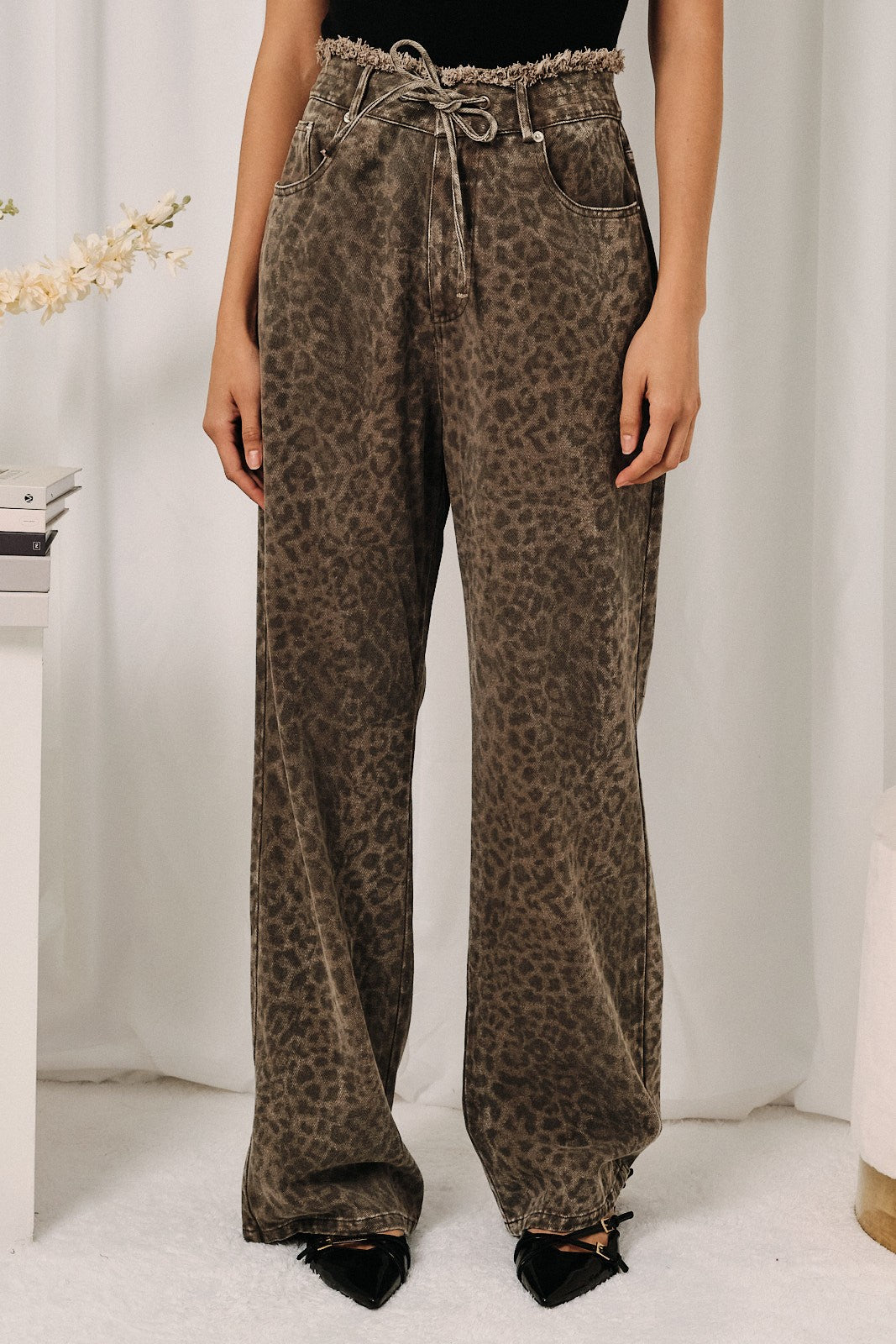 Leopard Raw Edge Wide Leg Jeans