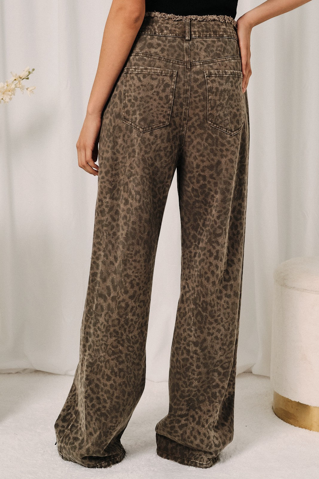 Leopard Raw Edge Wide Leg Jeans