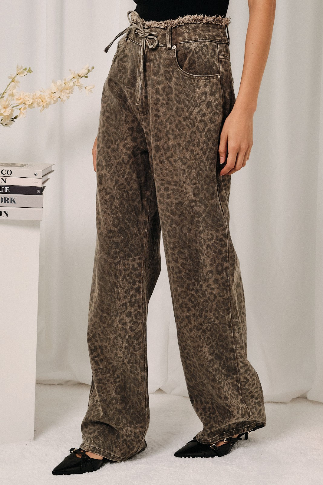 Leopard Raw Edge Wide Leg Jeans