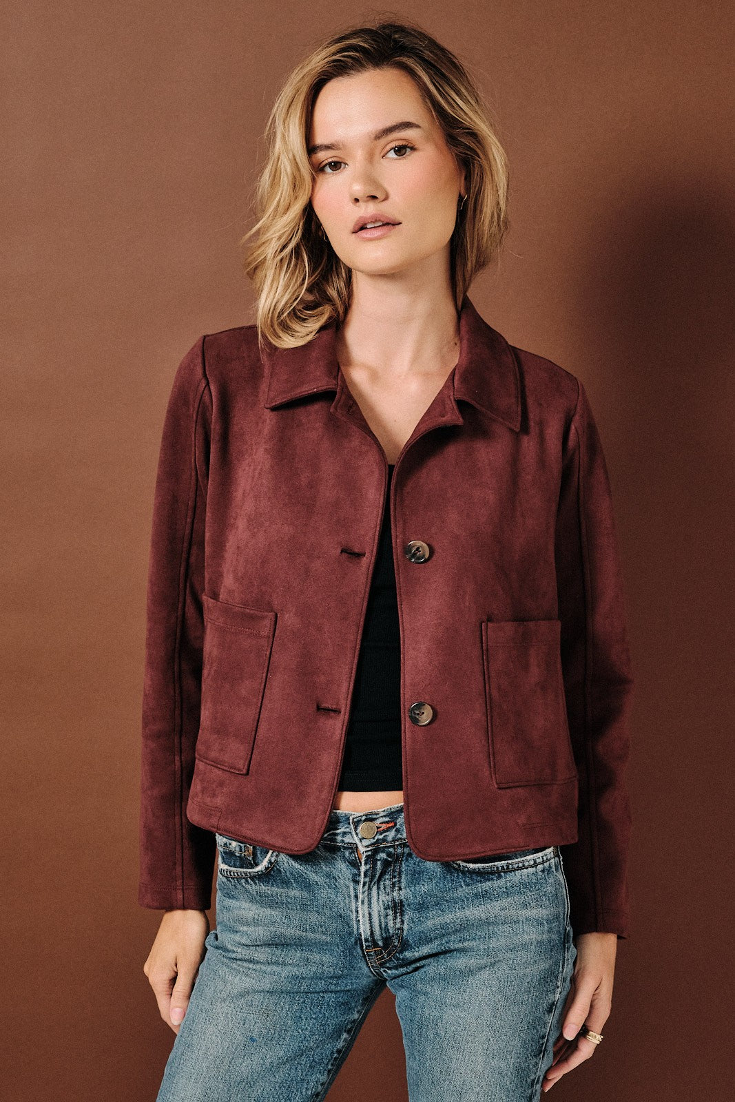 Faux Suede Button Down Jacket