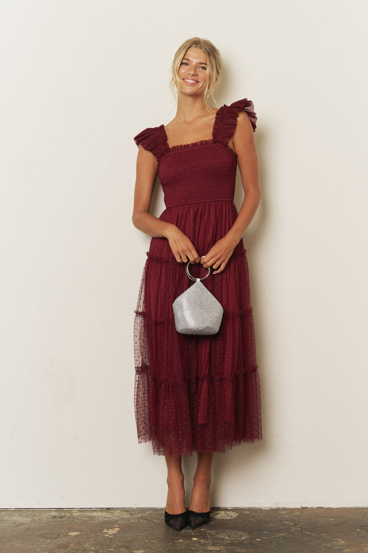 Polka Dot Chiffon Smocked Tiered Midi Dress