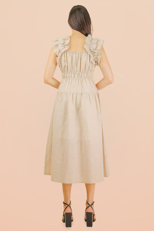 Shoulder Ruffle Detail Stripe Midi Dress