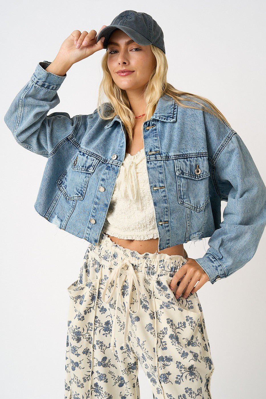 Cropped Distress Hem Light Wash Denim Jacket