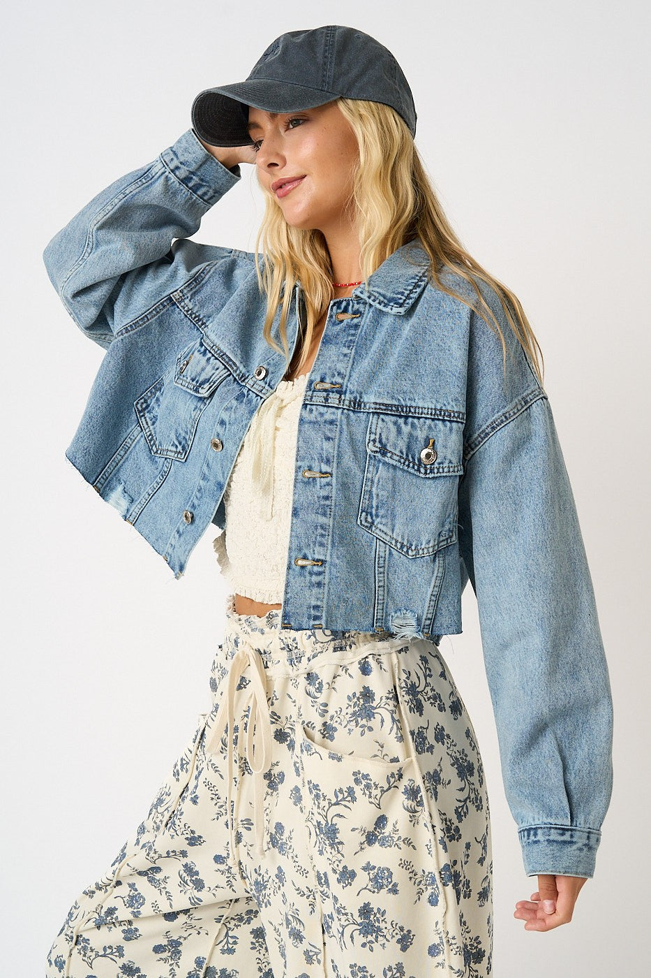 Cropped Distress Hem Light Wash Denim Jacket