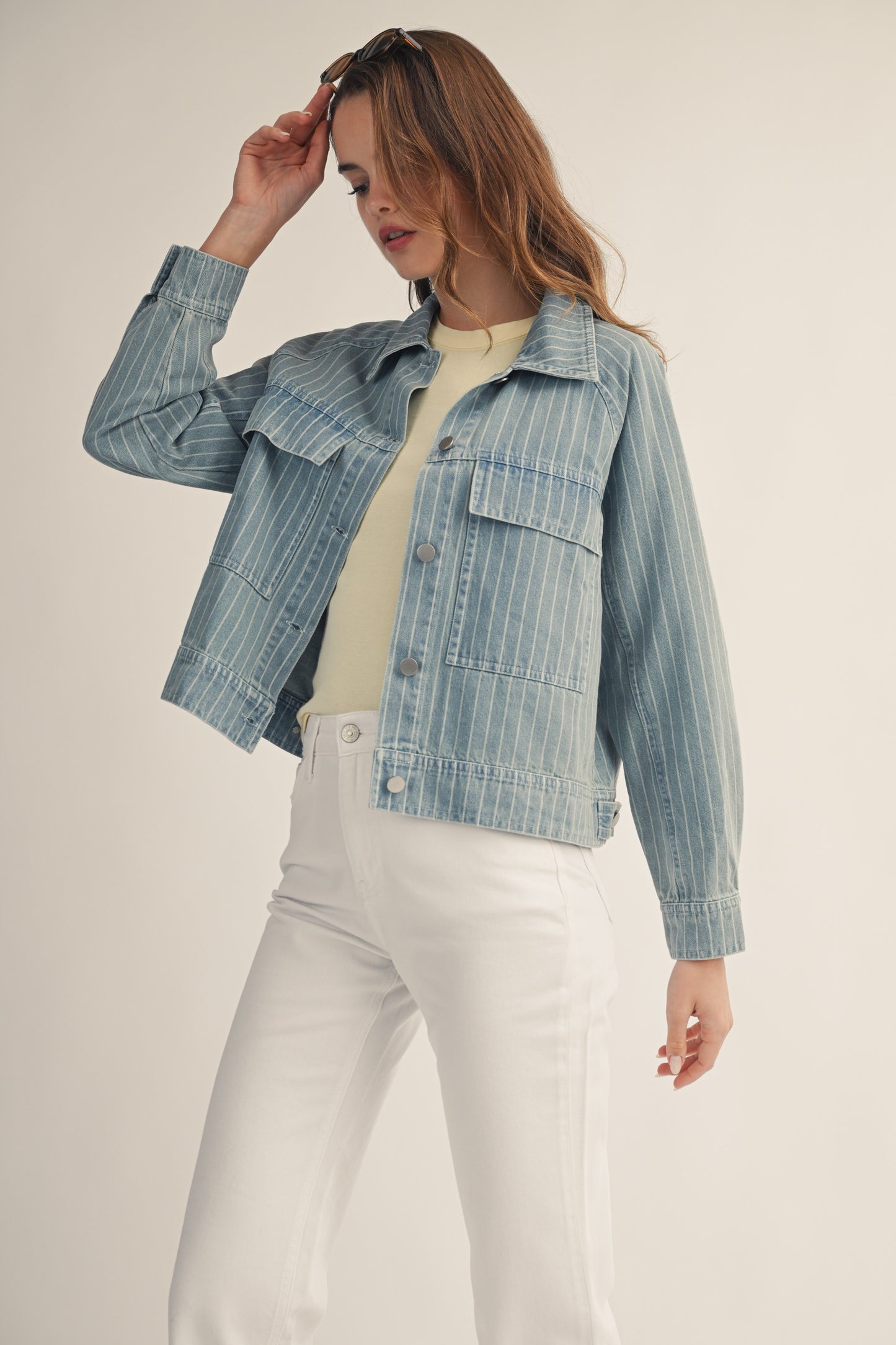 Washed Vertical Stripe Structured Denim Shacket