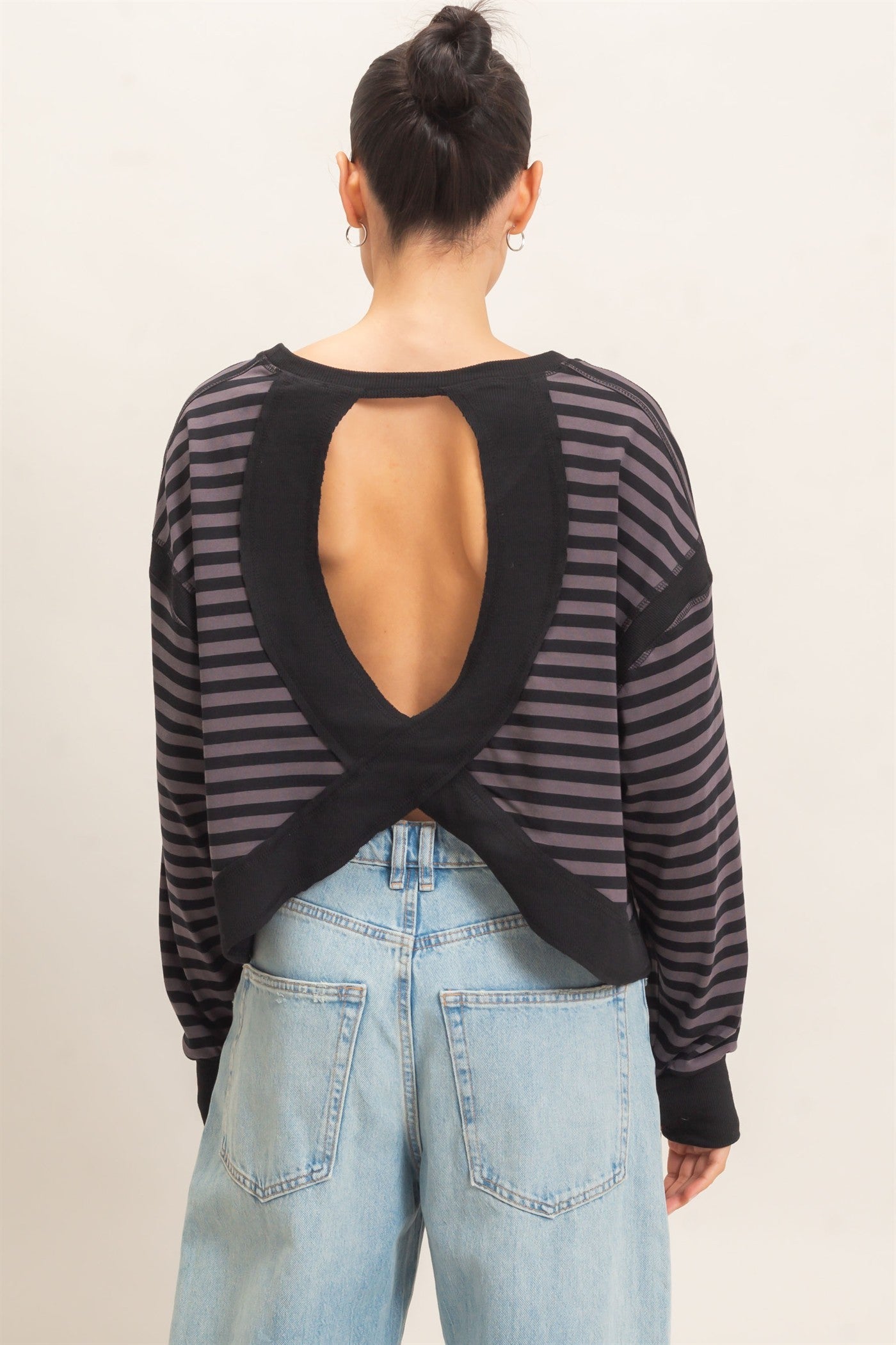Keyhole Striped Long Sleeve Top