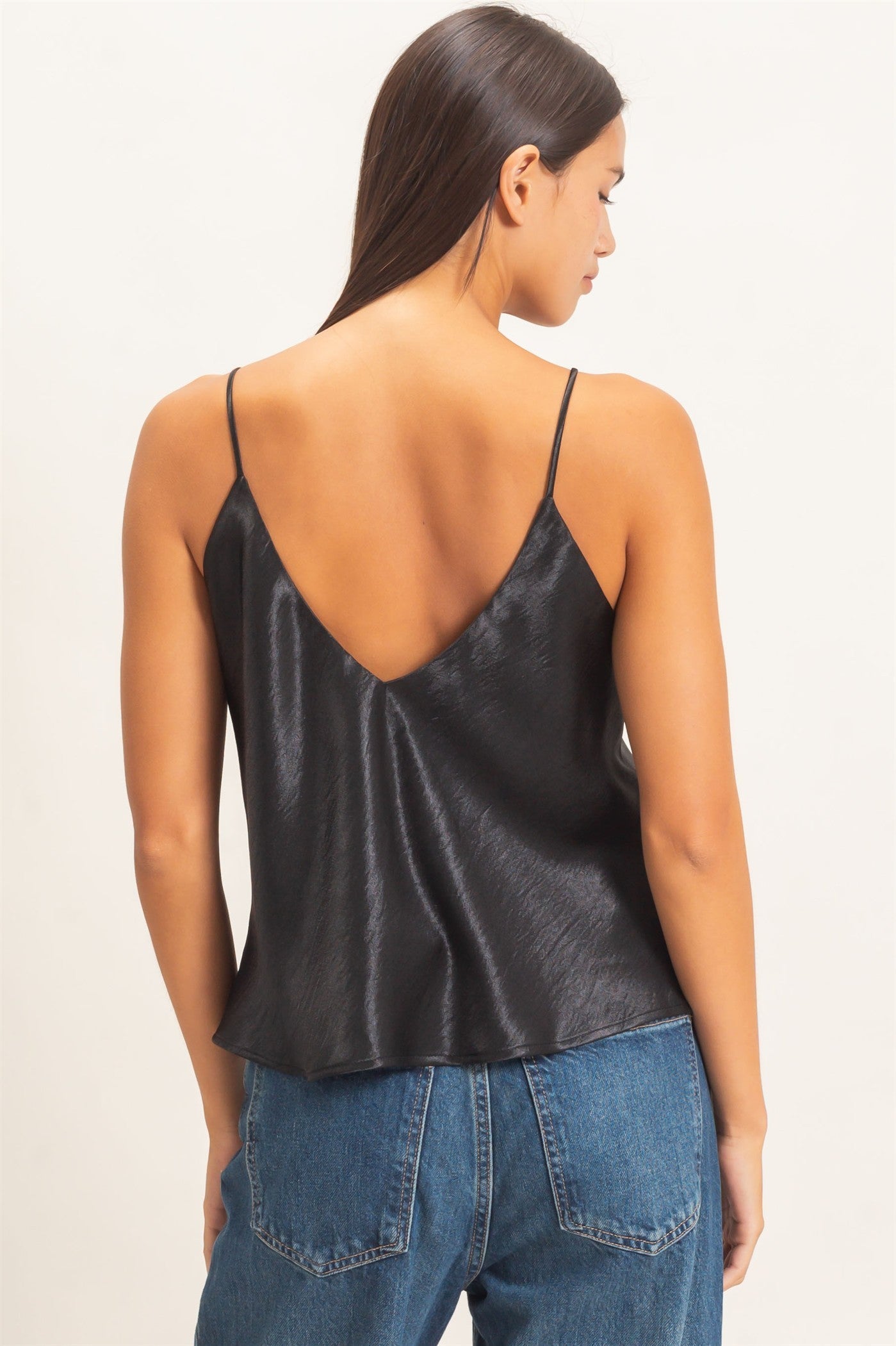 V-neck Satin Cami Top-Black