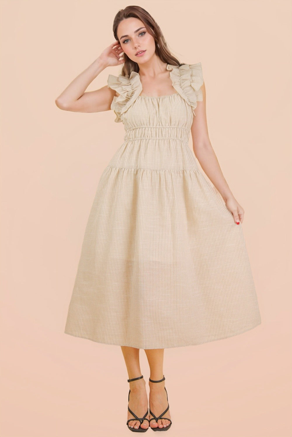 Shoulder Ruffle Detail Stripe Midi Dress