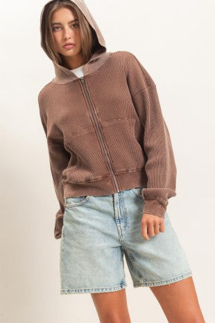 Acid Wash Waffle Knit Zip-up Hoodie