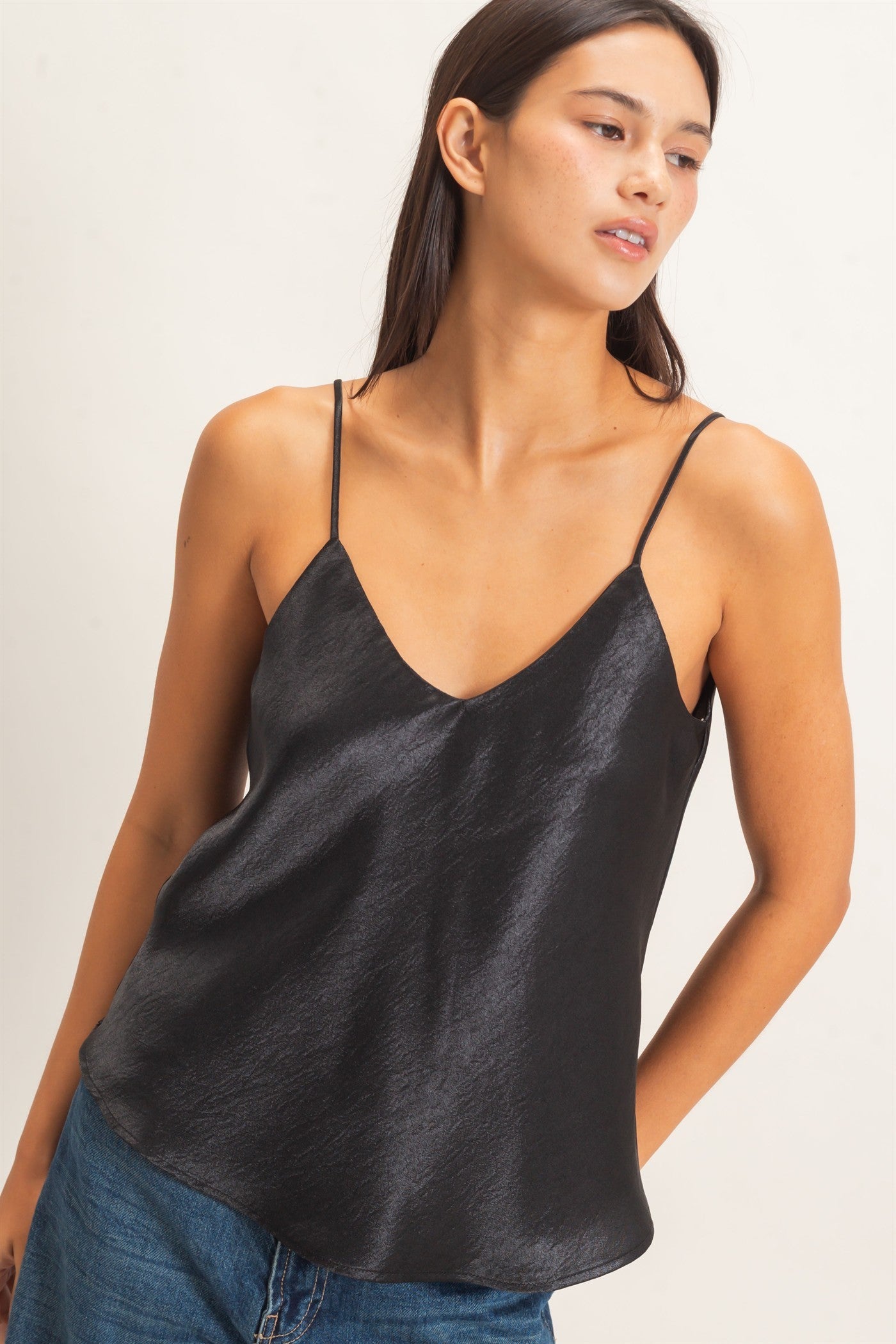 V-neck Satin Cami Top-Black