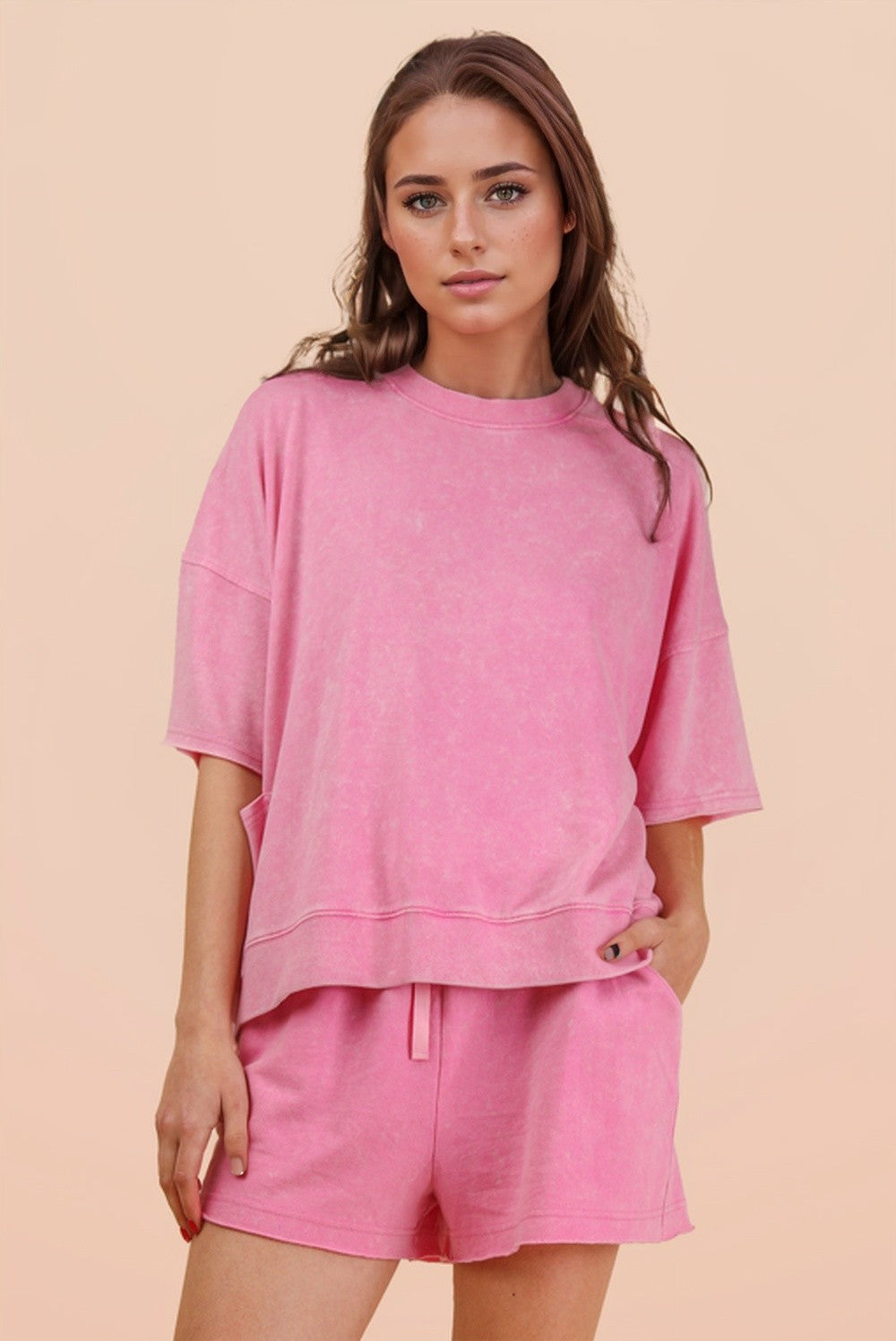 Mineral Washed Knit Casual Top & Shorts-PLUS