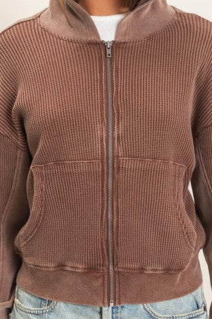 Acid Wash Waffle Knit Zip-up Hoodie