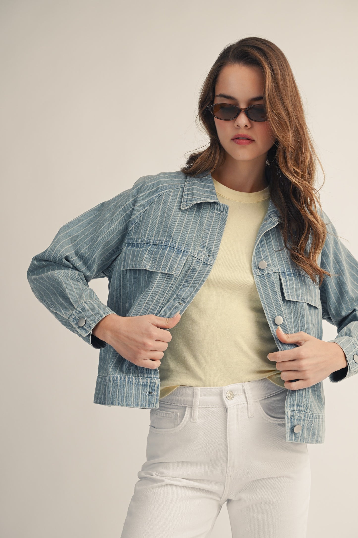 Washed Vertical Stripe Structured Denim Shacket