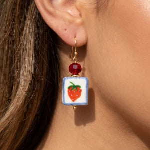 Strawberry Ceramic Tile Drop Earrings