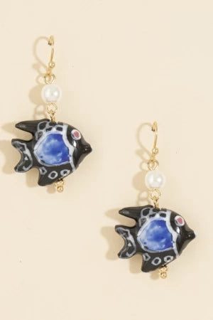 Painted Ceramic Fish And Pearl Drop Earrings