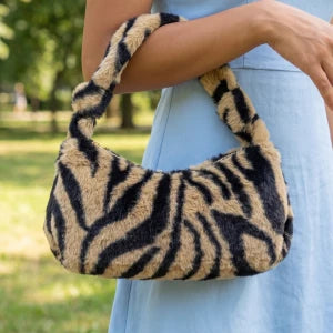 Plush Animal Print Shoulder Bag-Multi