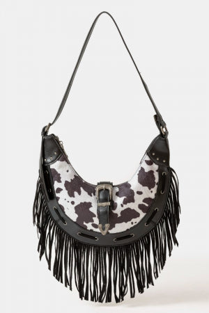 Cow Print Fringe Hobo Bag-Black