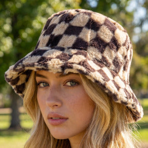 Plush Faux Fur Checkered Bucket Hat