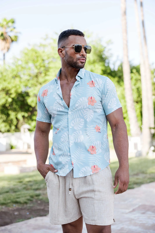 Blue Hawaiian Leaf Print Men's Shirt