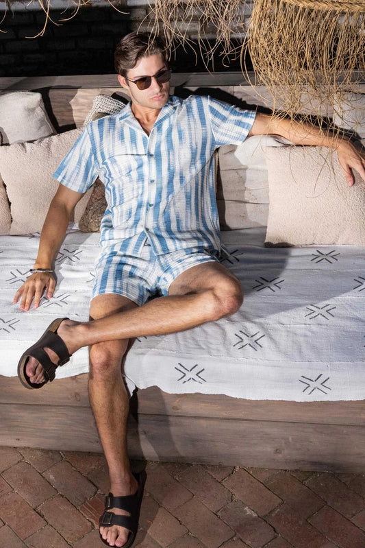 Men's Crochet Knit Button Up Shirt-Blue