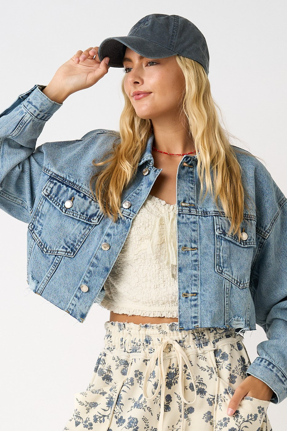 Cropped Distress Hem Light Wash Denim Jacket
