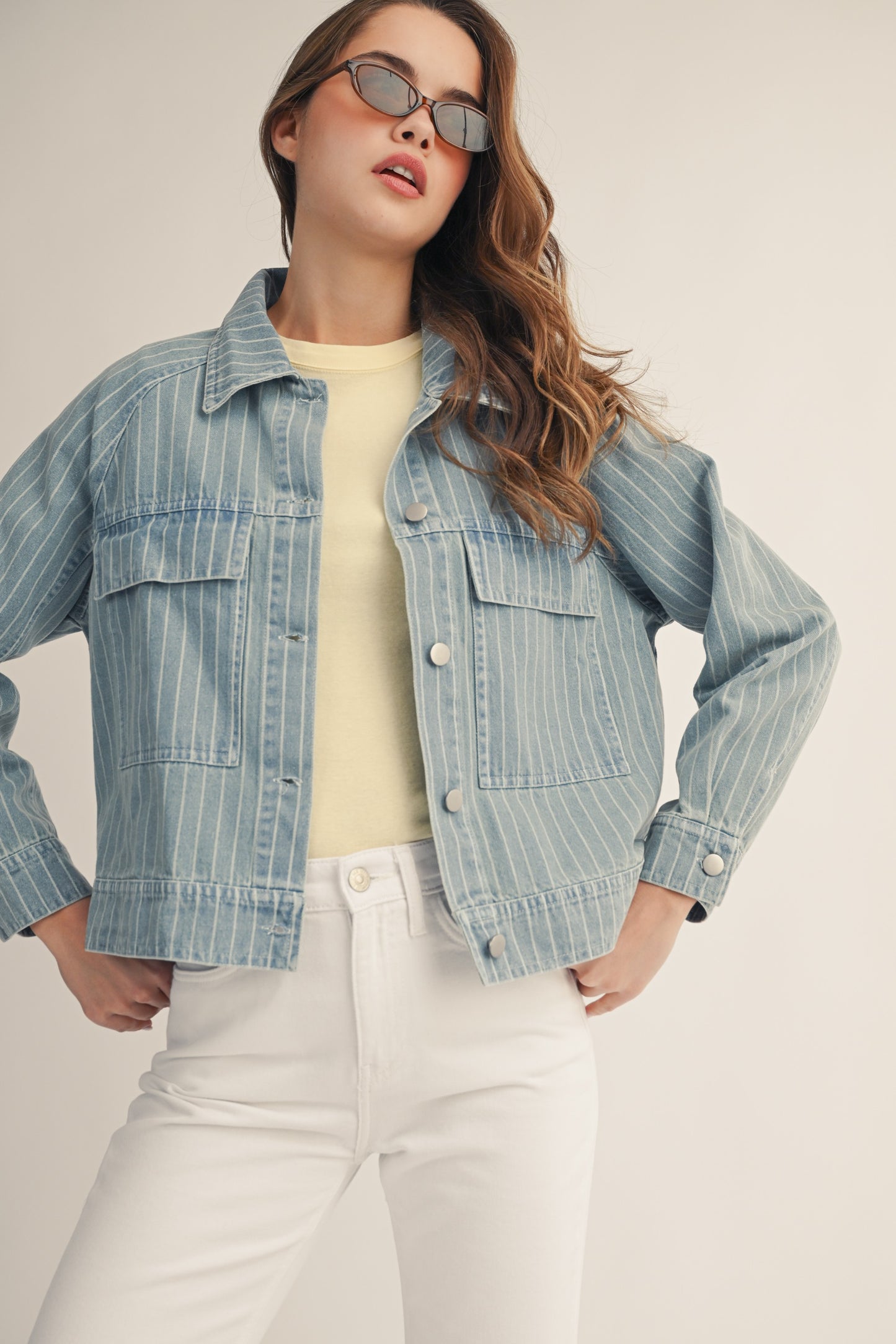 Washed Vertical Stripe Structured Denim Shacket