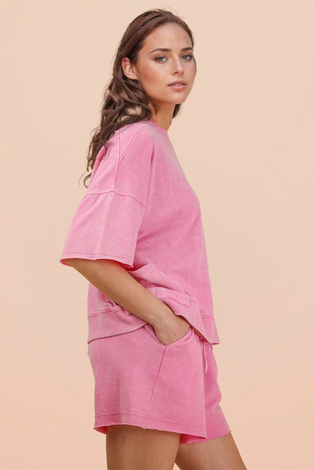 Mineral Washed Knit Casual Top & Shorts-PLUS