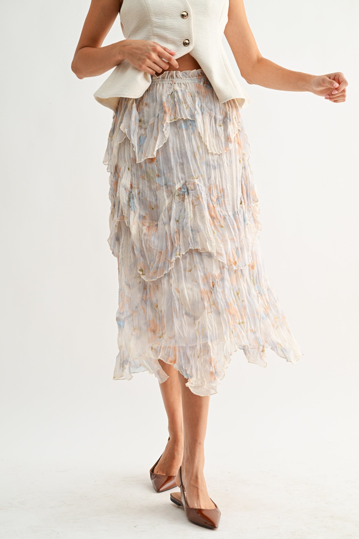 Layered Midi Skirt With Watercolor Floral Print